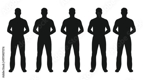 Five silhouetted men standing in a row facing forward with hands on hips