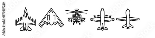 Military Aircraft Line Icons Set Featuring Fighter Jet, Stealth Bomber, Attack Helicopter, Transport Plane and UAV Drone Vector Illustrations for Aviation Graphic Design and Defense Industry.