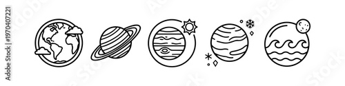 Minimalist Celestial Planet Icons Set Featuring Earth, Saturn, Jupiter, and Outer Space Elements in Black and White Line Art Style
