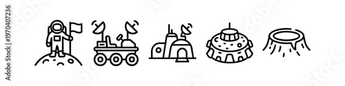 Space Exploration and Colonization Icon Set: Astronaut, Lunar Rover, Moon Base, Flying Saucer, and Crater Minimalist Outline Vector Graphics