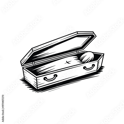 Black and white illustration of a sleeping baby in an open casket