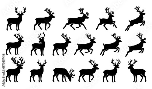 Reindeer silhouette vector set with different poses for Christmas and winter design isolated on white background