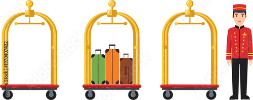 Hotel Bellhop and Luggage Cart Icon Set for Hospitality, Service, and Travel Illustrations
