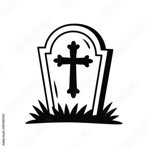 Black silhouette of a gravestone with cross on white background