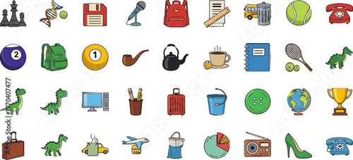 Icon Set Featuring Various Objects and Items Including Toys, Games, Backpacks, Gadgets, and Household Essentials for Fun and Daily Life Themes