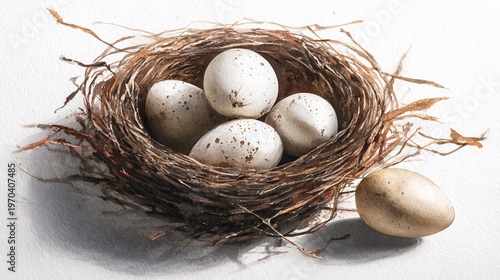 Soft watercolor nest with ceramic eggs and white background