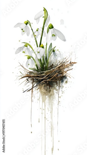 Soft watercolor snowdrops and rustic nest with natural colors