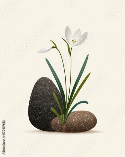 Tactile flat design snowdrop and pebble composition
