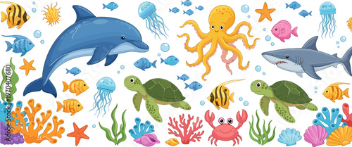 Ocean Life Animal Set with Dolphins, Turtles, Sharks, Octopus, Fish, and Coral Reef in 3D Style