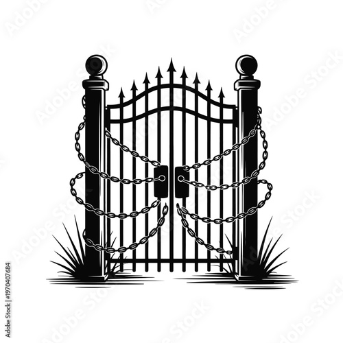 Black iron gate with chains and spikes on white background