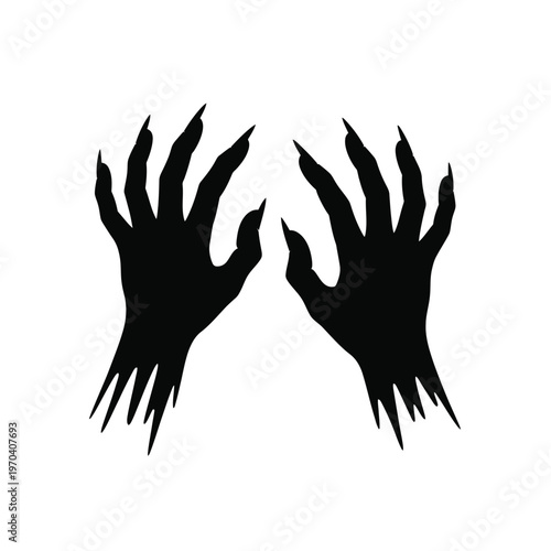 Monster hands reaching out in black silhouette on white background
