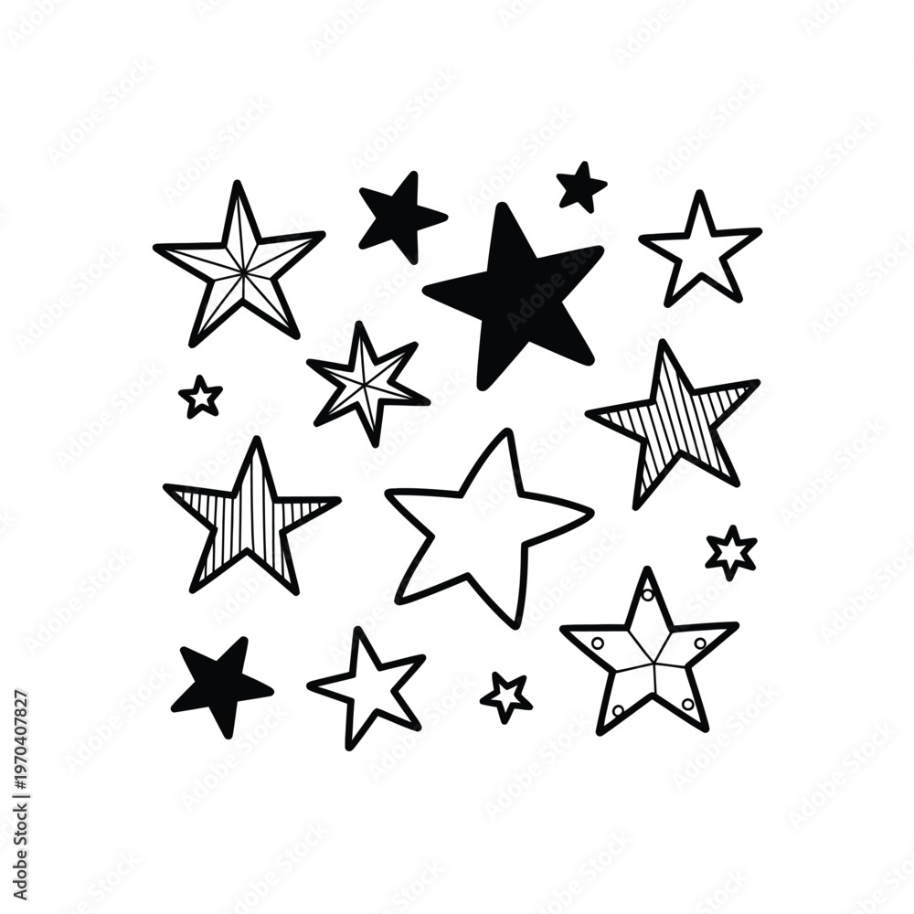 Fototapeta premium Black and white star shapes on white background for decoration and design