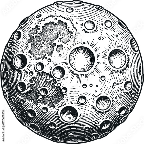 A detailed black and white illustration of the moon's cratered surface