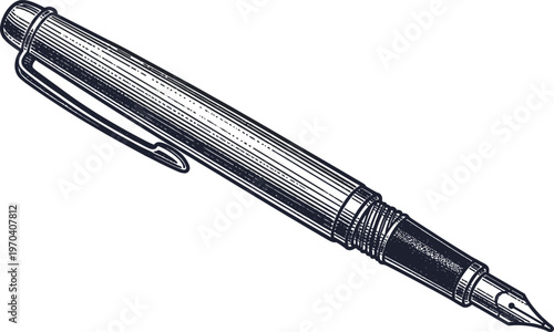 A high-quality fountain pen with intricate design on a plain background