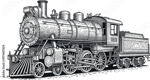 A vintage steam locomotive train engine with a detailed illustration style