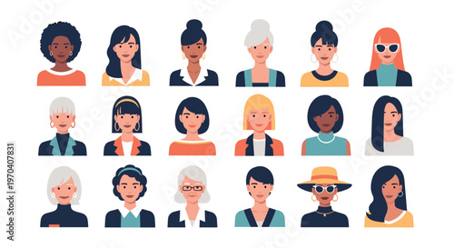 A diverse group of women and one man illustrated in various styles