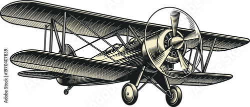 A vintage biplane with a propeller is flying through clear skies