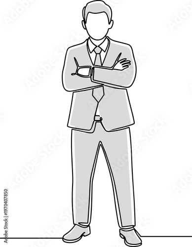 A confident businessman stands with his arms crossed in a simple line drawing