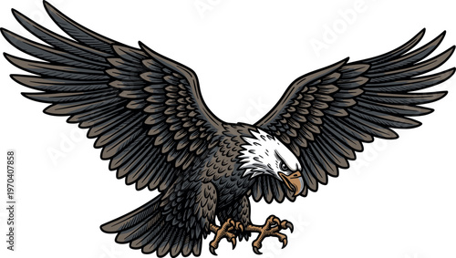 A majestic bald eagle with outstretched wings in mid flight motion