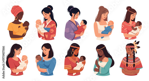 Diverse group of mothers from different cultures holding their newborn babies