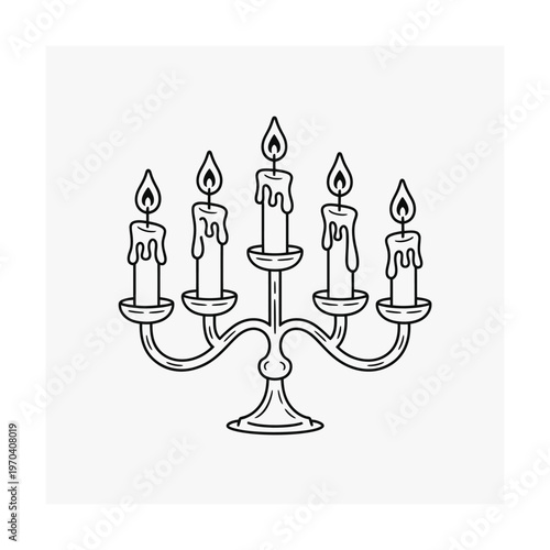 Black and white illustration of a candelabra with five lit candles