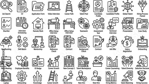 hr recruitment process and employee onboarding stages flat design vector illustration