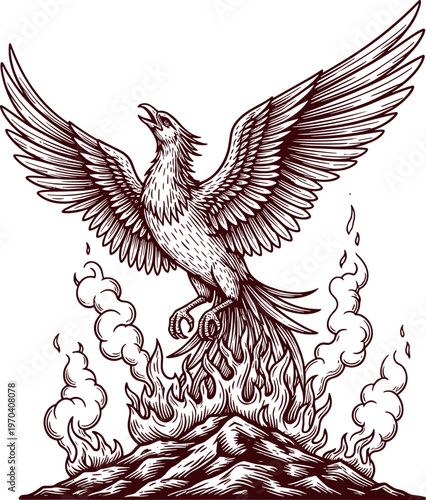 A mythical phoenix rises from a blazing fiery pyre with wings spread wide