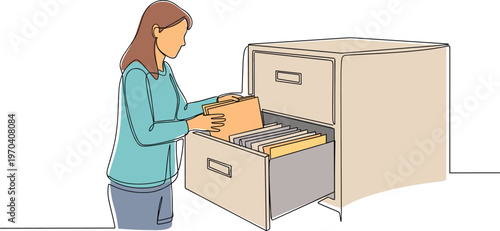 A woman organizing files in a beige filing cabinet drawer