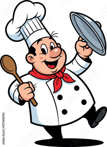 A cheerful cartoon chef happily holding a plate and wooden spoon