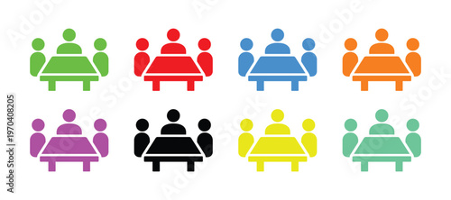 Solid Color Team Meeting Icon Set, Minimal Business Collaboration Vector Collection on White Background