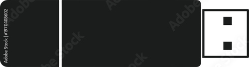Minimal vector silhouette, USB flash drive, compact stick with cap side view, solid black, isolated on white background.