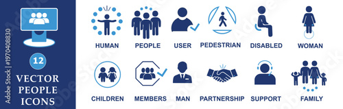 People Icons, Vector Illustration Set.  Logos or Badges depicting a Human, Man, Woman, Children,  Family, User, Pedestrian, Disabled, Members, Partnership, and  Support  Services for Website