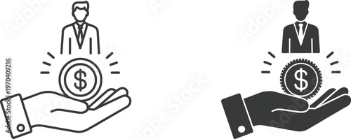 Businessman figure holding dollar coin in hand icon set, minimalist black and white vector illustrations for investment, financial success, and professional banking services, Adobe Stock