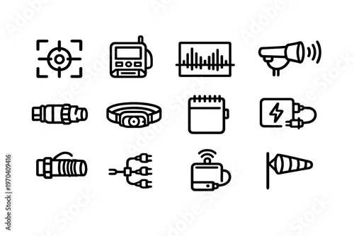 A collection of twelve minimalist black line icons on a white
