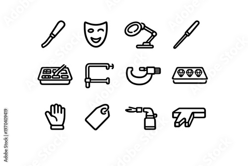 Jewelry making tools and equipment line icon set featuring workbench supplies and craft instruments for professional goldsmithing