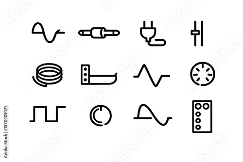 Set of audio engineering and electronic music production line icons including sound waves cables and equipment controls