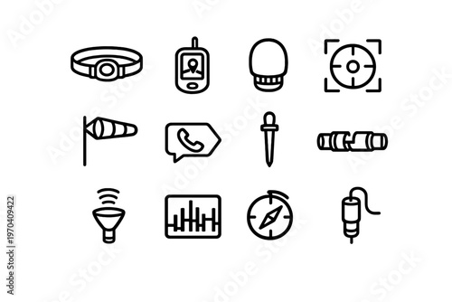 A set of twelve minimalist line icons representing outdoor adventure