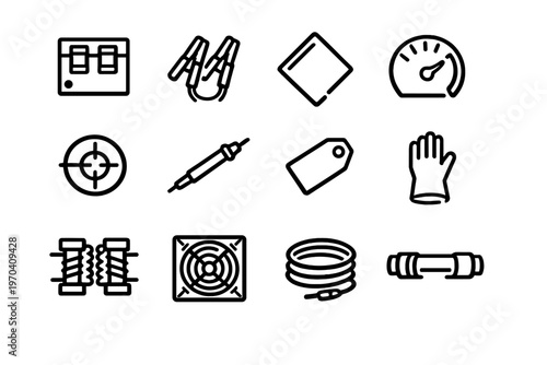 Set of industrial and electronic equipment line icons including soldering iron jumper cables cooling fan and protective glove on white