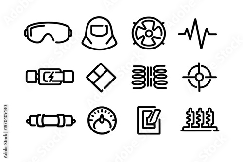 Industrial safety and electrical engineering line icon set featuring protective gear and technical components for manufacturing and power