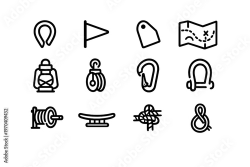 Collection of outdoor adventure and sailing gear icons featuring lantern map carabiner pulley and nautical knots