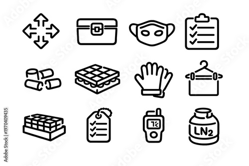 A collection of twelve minimalist line icons representing laboratory