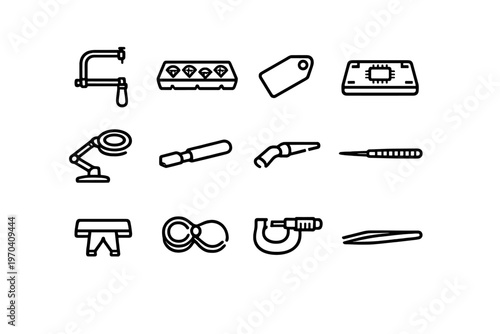 Collection of professional jewelry making and watch repair tools icons including loupe tweezers and micrometer on white background