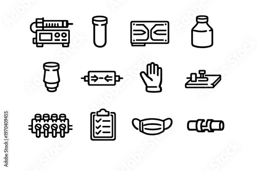 Medical laboratory equipment icons set including infusion pump test tube medicine bottle surgical mask and clipboard for healthcare research