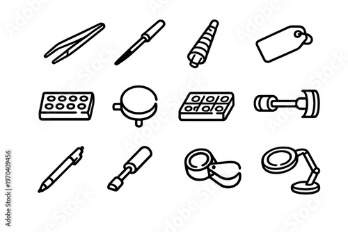 A collection of twelve minimalist black line icons representing