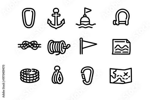 Nautical and maritime equipment icons with anchors ropes buoys and navigation tools for marine exploration and sailing activities