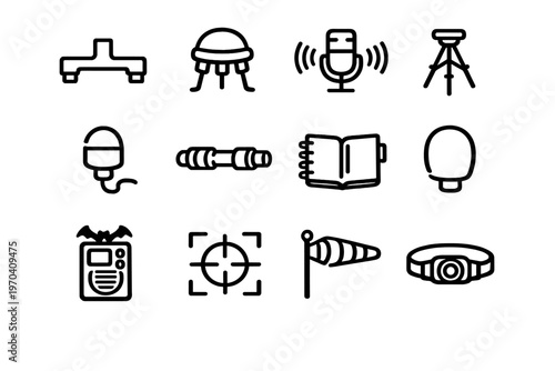 Set of black line icons representing field research equipment and scientific tools for outdoor data collection and wildlife monitoring
