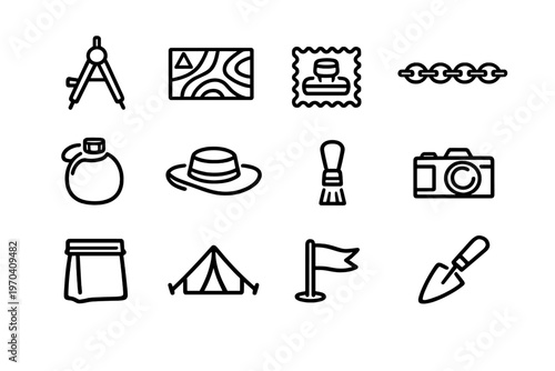 Archaeology and exploration equipment icons including trowel brush camera tent map and compass for outdoor research and field work