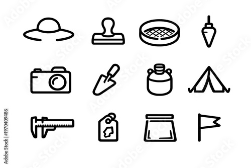 Archaeology field research equipment icons including trowel camera tent and calipers for scientific excavation and discovery