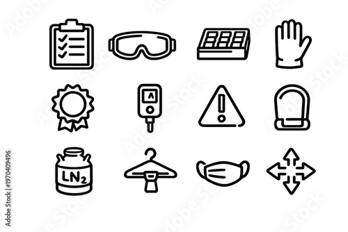 Laboratory safety and industrial equipment line icons including goggles face mask liquid nitrogen tank and checklist on white background