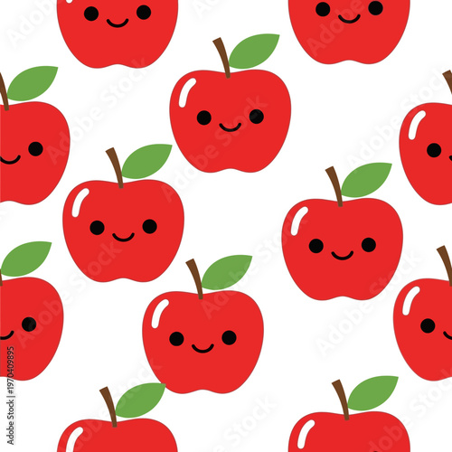 Cute Kawaii Red Apples with Smiling Faces Pattern.